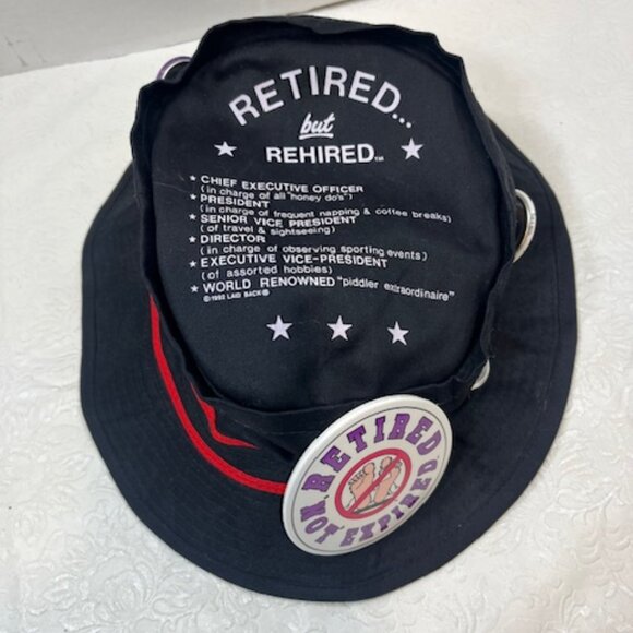 VTG Black "Retired but Rehired" Black Retirement Cotton Pail Hat 7 Pins XL - Picture 5 of 10